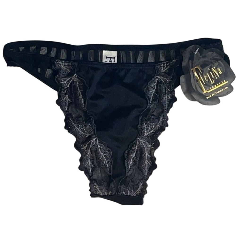 VINTAGE Felina Black Stripes Flocked Hi-Cut Leaf Bikini 1990s Y2K Panty Size S